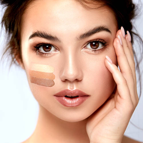 close-up portrait of beautiful girl with big eyes and perfect skin looking to camera, copy space, facial care concept